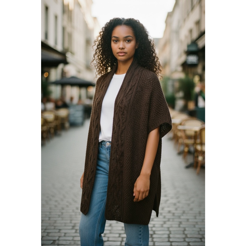 Studio M Brown Cable Knit Open Cardigan Sweater Size L